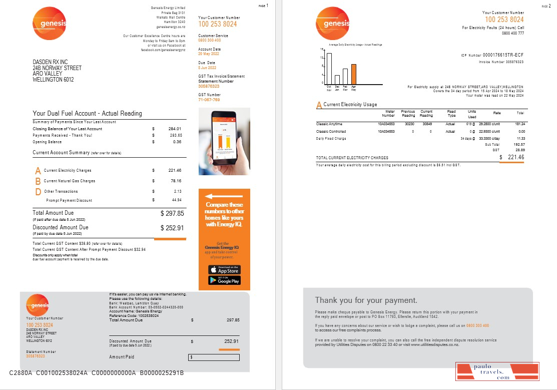 New Zealand Genesis Gas utility bill 1 2 PSD template